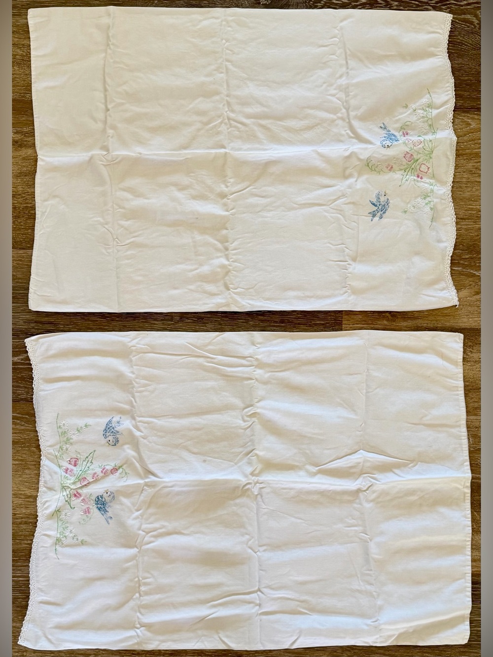 1970s Hand Embroidered Pillowcases Set 2 Blue Birds Floral White Cottagecore